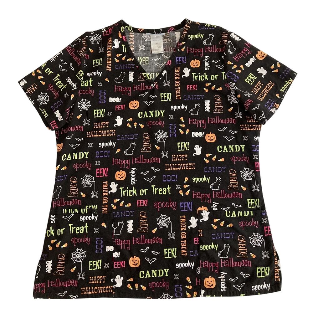 Womens SB Scrubs Medical Scrub Top Halloween Short Sleeve 3 Front Pockets Size M